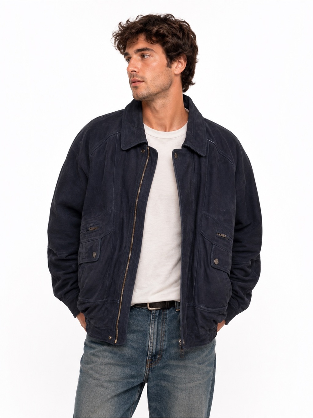 Vintage Tessini Navy Suede Leather Bomber Jacket Size 48 Utility